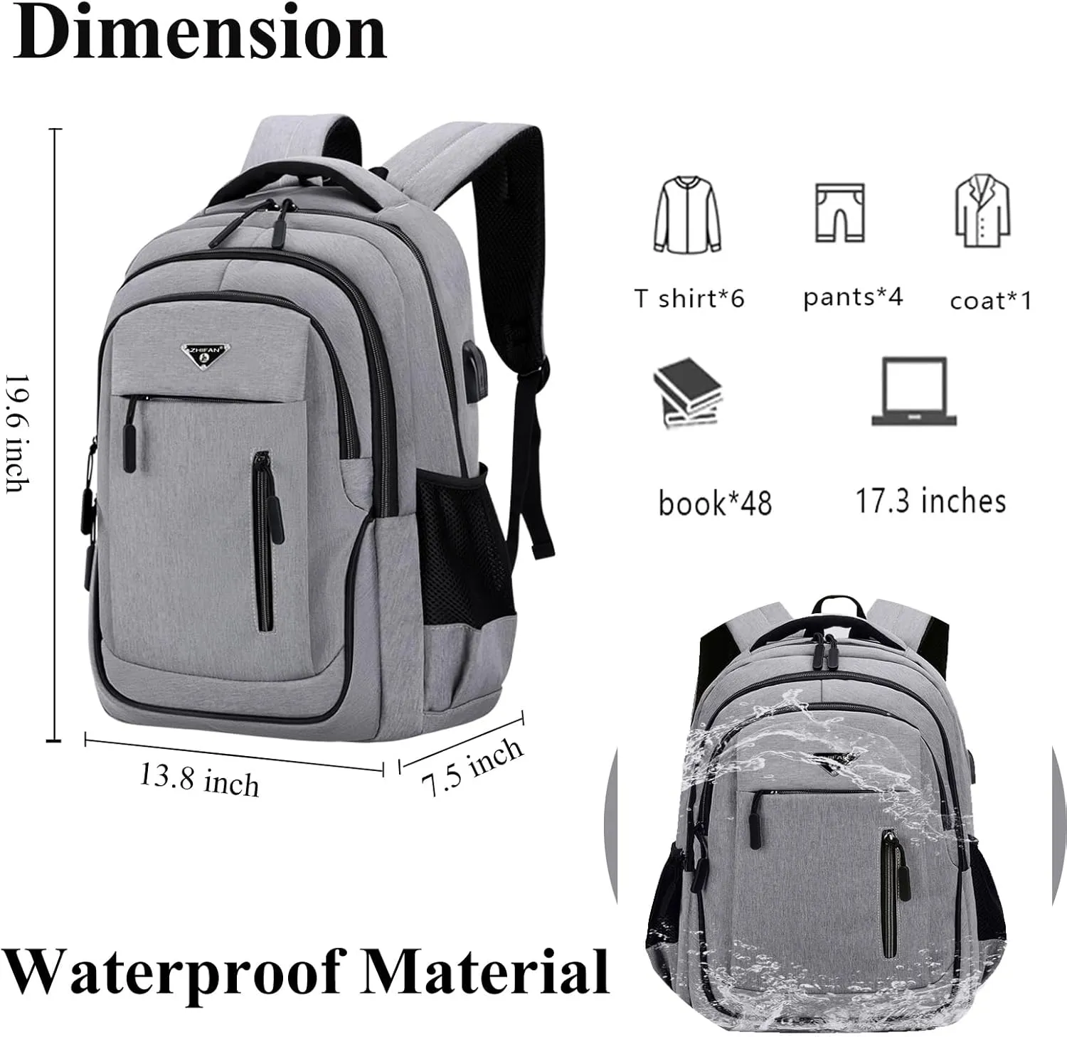 CHAO RAN Travel Laptop Backpack, Business Backpack for Men Women Fits up to 15.6''Notebook Waterproof Backpack with USB Charging Port, Day Bag for College Commute, Multiple Pocket Design-Gray