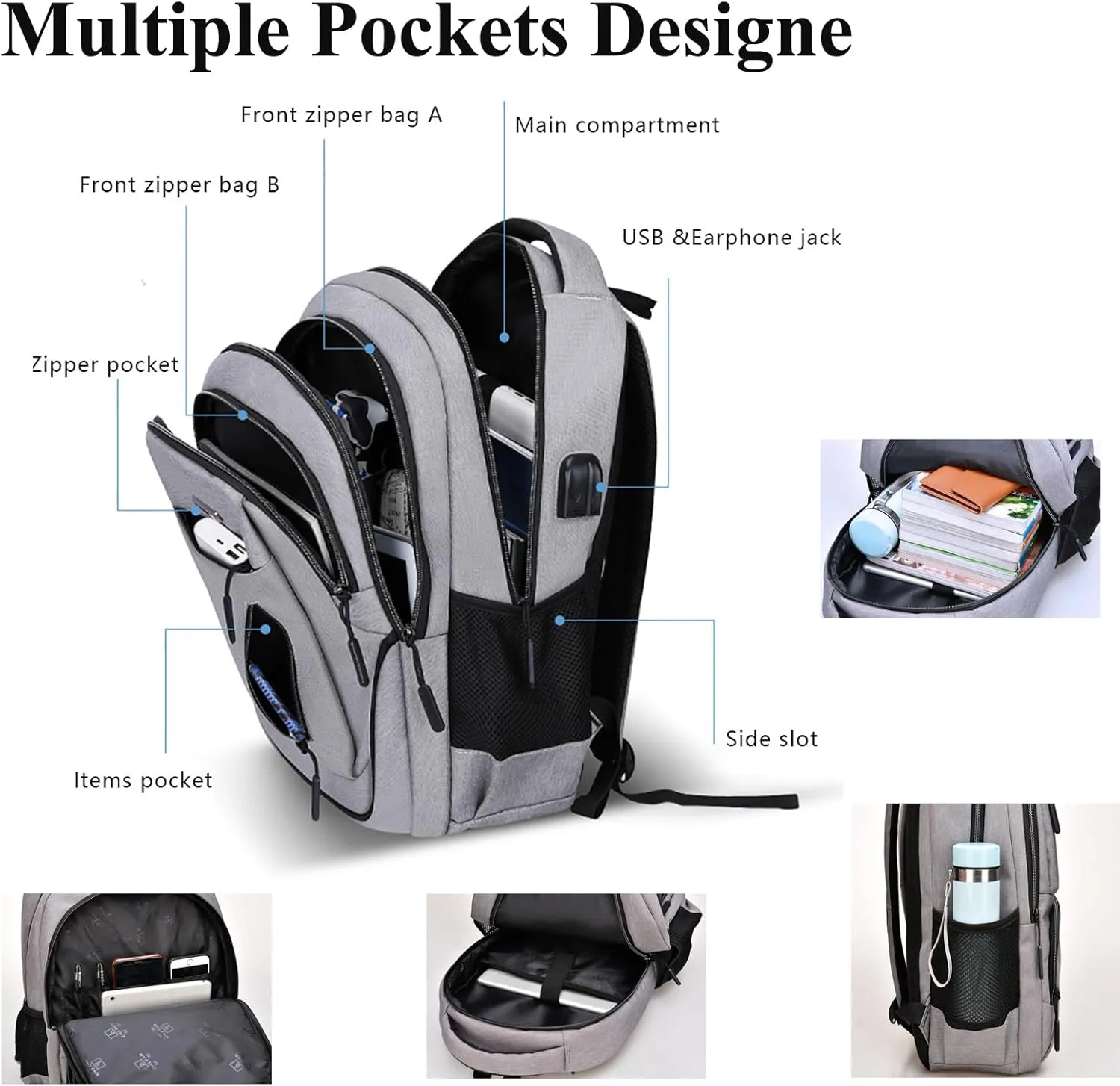 CHAO RAN Travel Laptop Backpack, Business Backpack for Men Women Fits up to 15.6''Notebook Waterproof Backpack with USB Charging Port, Day Bag for College Commute, Multiple Pocket Design-Gray