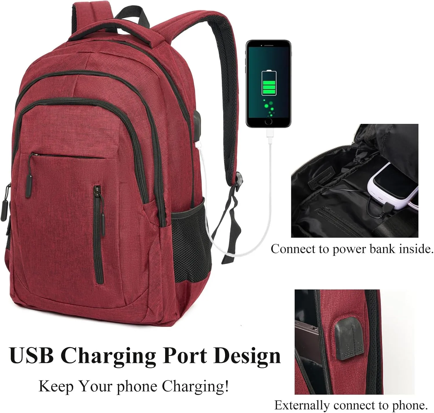 CHAO RAN Travel Laptop Backpack, Business Backpack for Men Women Fits up to 15.6''Notebook Waterproof Backpack with USB Charging Port, Day Bag for College Commute, Multiple Pocket Design-Red