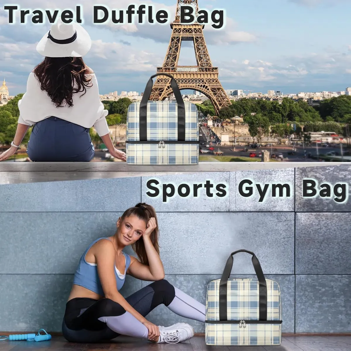 Checkered Travel Duffel Bag Dry Wet Separated Sports Tote Travel Duffle Bag Gym Workout Bag Women Travel Duffel Bag for Women, Travel, Gym, Work