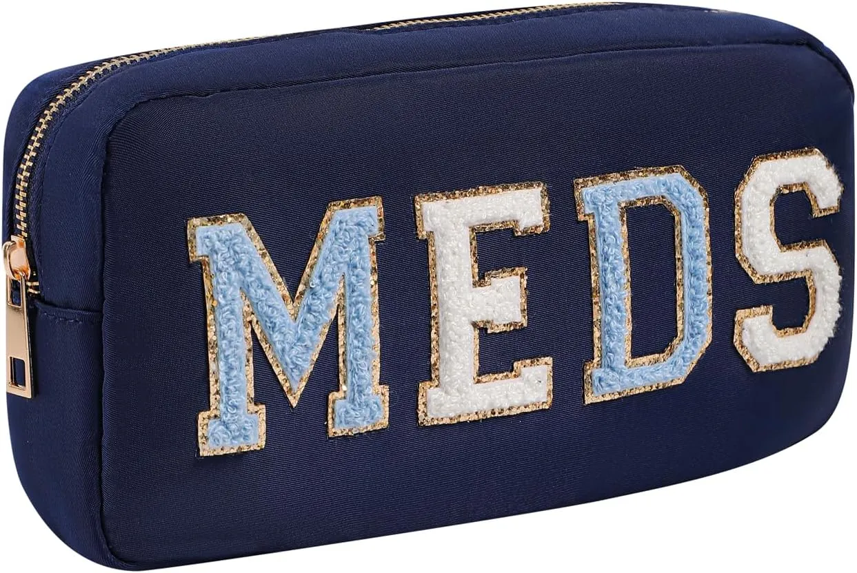 Chenille Letter Patch Nylon Medicine Packages,Cute MEDS Travel Makeup Bag with Metal Zipper, First Aid Purse Organizer Cosmetic Bag for Women and Girls(03Navy)