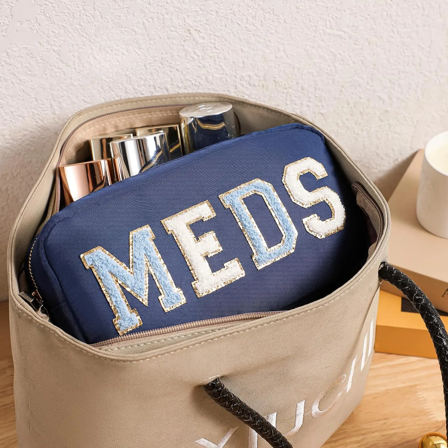 Chenille Letter Patch Nylon Medicine Packages,Cute MEDS Travel Makeup Bag with Metal Zipper, First Aid Purse Organizer Cosmetic Bag for Women and Girls(03Navy)