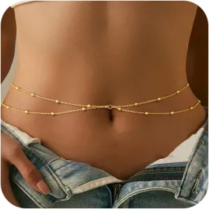 CHESKY Gold Waist Chain for Women, 14K Gold Plated Layered Belly Chain for The Waist Adjustable Waterproof Sexy Bikini Satellite Beads Chain Summer Non Tarnish Body Chain Jewelry Gifts for Women