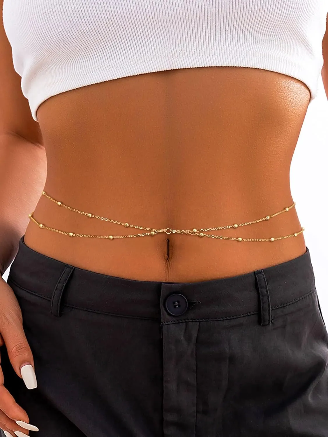 CHESKY Gold Waist Chain for Women, 14K Gold Plated Layered Belly Chain for The Waist Adjustable Waterproof Sexy Bikini Satellite Beads Chain Summer Non Tarnish Body Chain Jewelry Gifts for Women