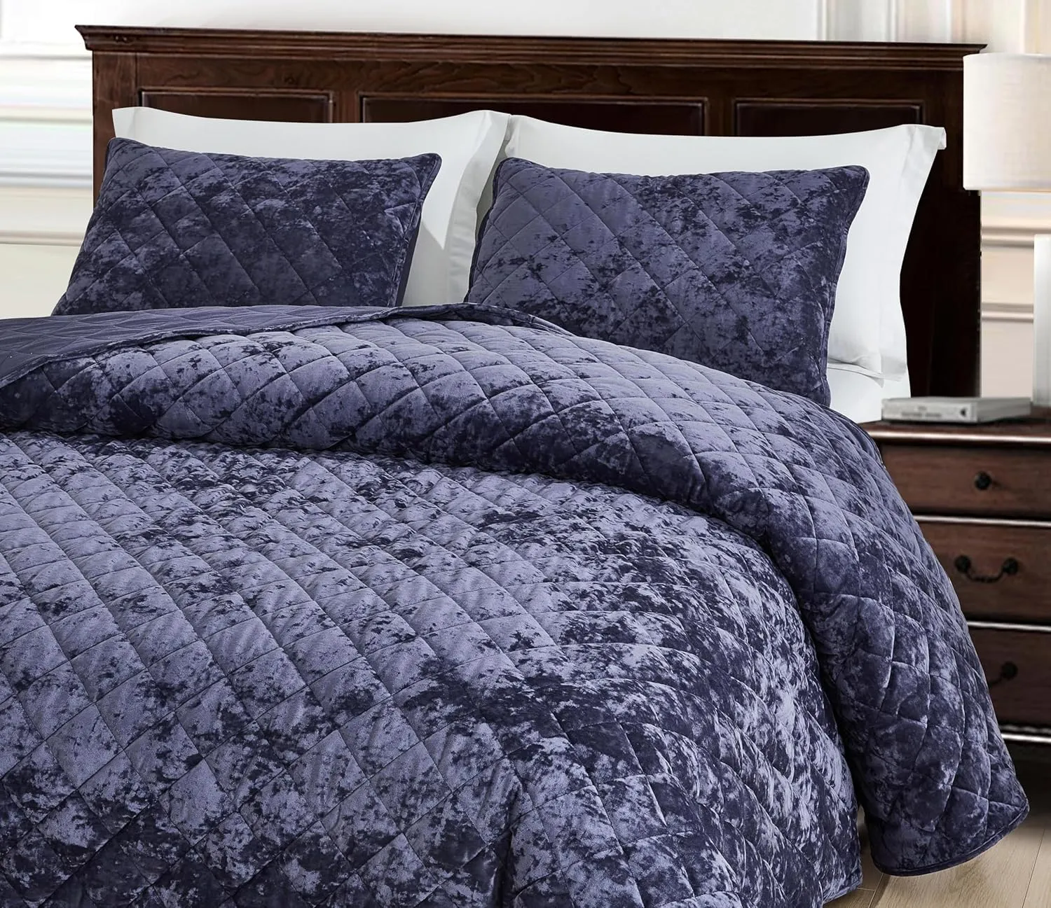 Chezmoi Collection Lux Purple Velvet Quilt Queen Set, 3-Piece Plush Distressed Velvet Bedding All Season Lightweight Comforter Brushed Microfiber Reverse with Diamond Stitch Quilting