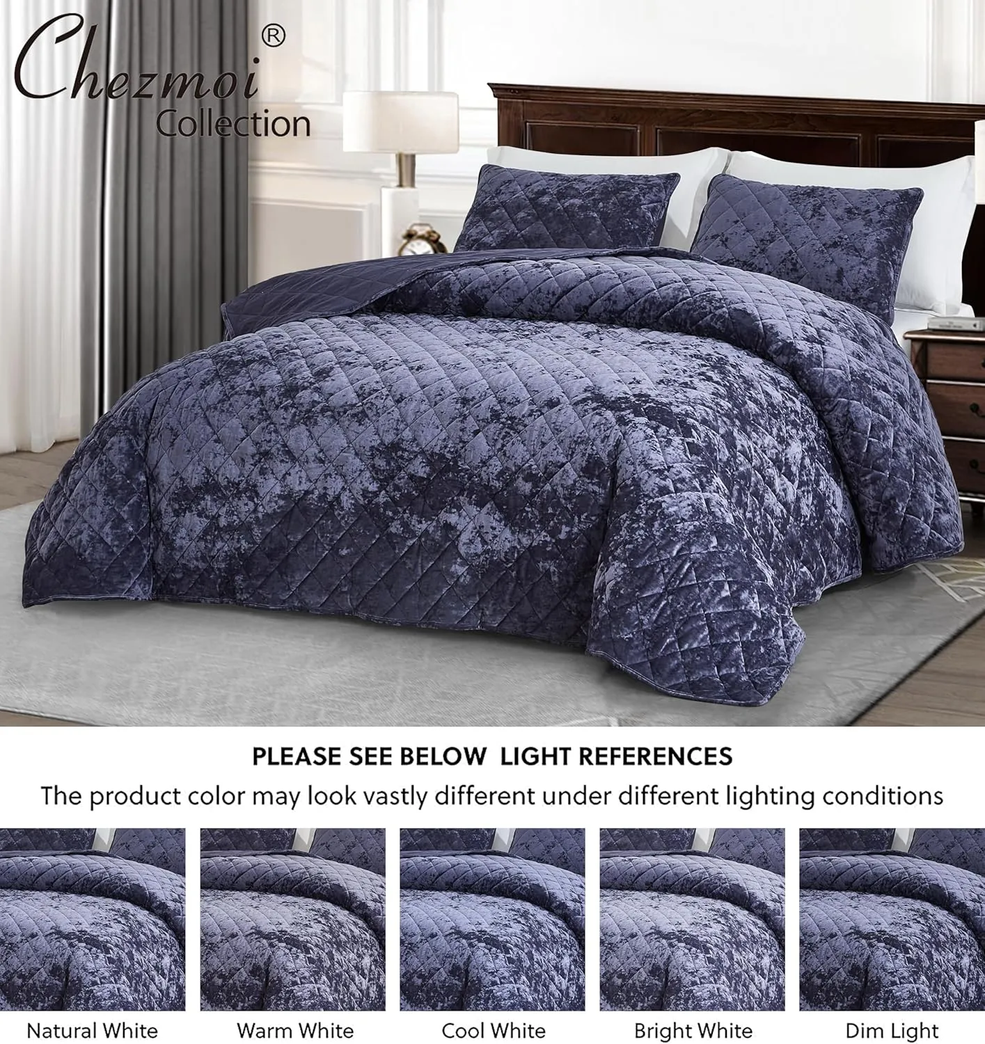 Chezmoi Collection Lux Purple Velvet Quilt Queen Set, 3-Piece Plush Distressed Velvet Bedding All Season Lightweight Comforter Brushed Microfiber Reverse with Diamond Stitch Quilting