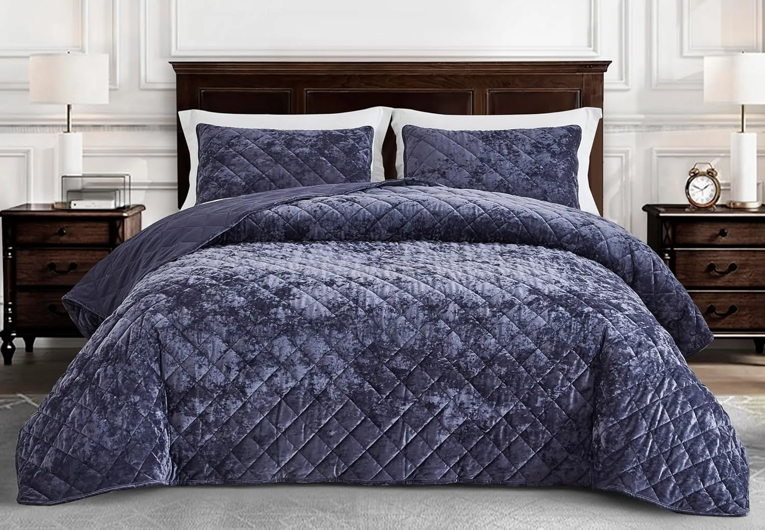 Chezmoi Collection Lux Purple Velvet Quilt Queen Set, 3-Piece Plush Distressed Velvet Bedding All Season Lightweight Comforter Brushed Microfiber Reverse with Diamond Stitch Quilting