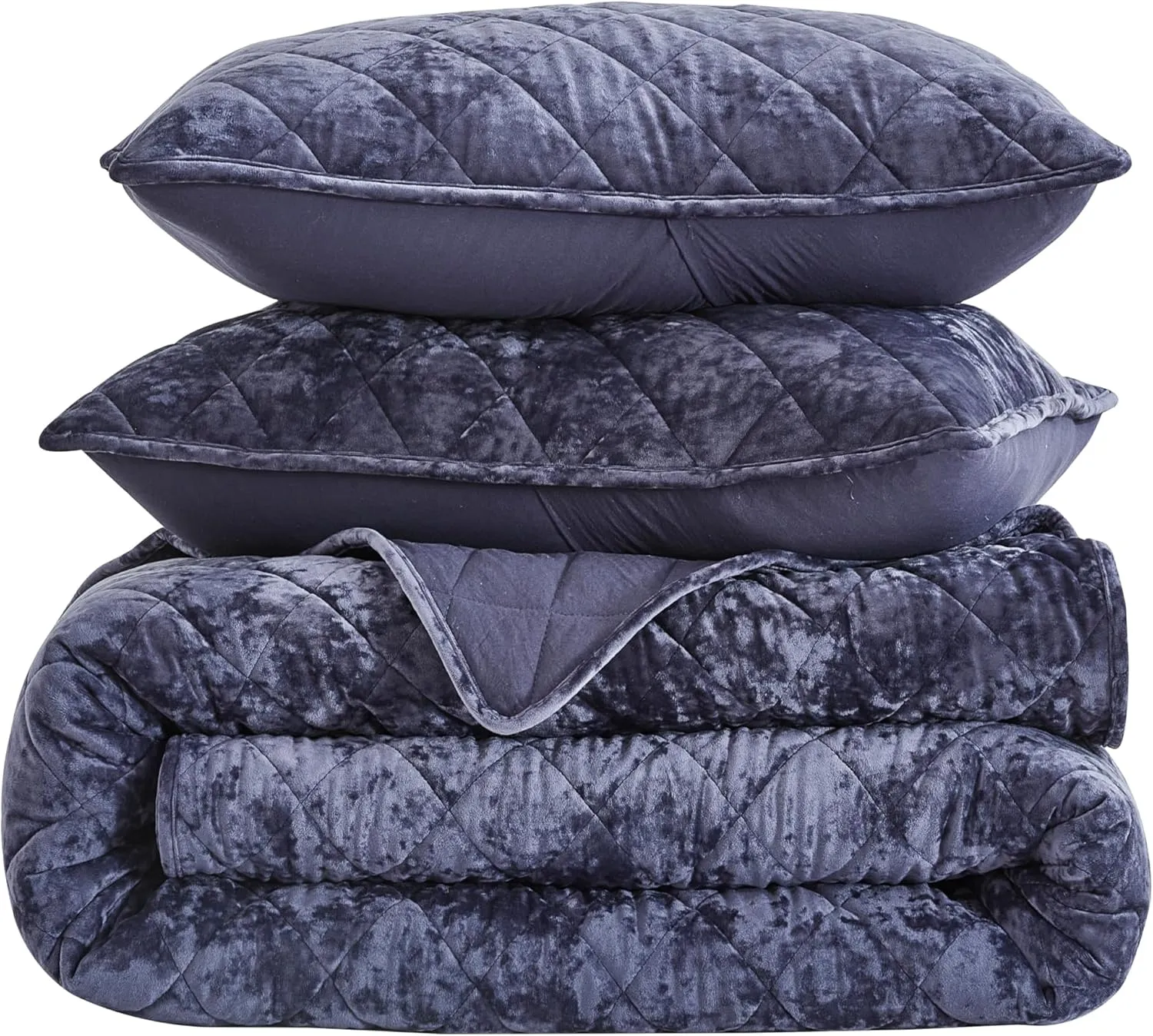 Chezmoi Collection Lux Purple Velvet Quilt Queen Set, 3-Piece Plush Distressed Velvet Bedding All Season Lightweight Comforter Brushed Microfiber Reverse with Diamond Stitch Quilting