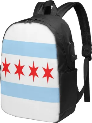 Chicago City Flag Laptop Backpacks Travel Backpack Casual Business Daypack Sport Rucksack Computer Bag Fits up to 17 Inch Notebook with USB Port