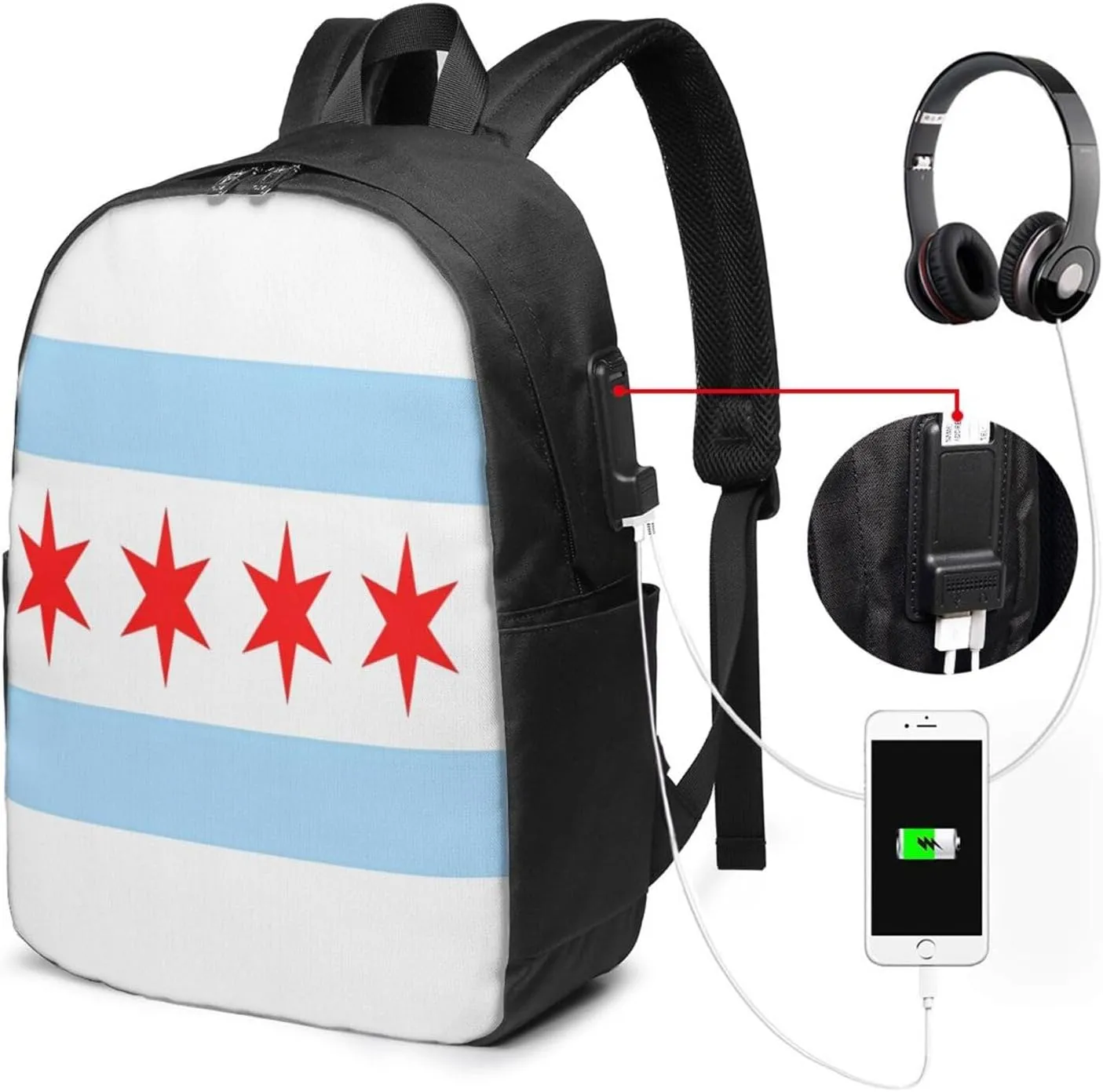 Chicago City Flag Laptop Backpacks Travel Backpack Casual Business Daypack Sport Rucksack Computer Bag Fits up to 17 Inch Notebook with USB Port