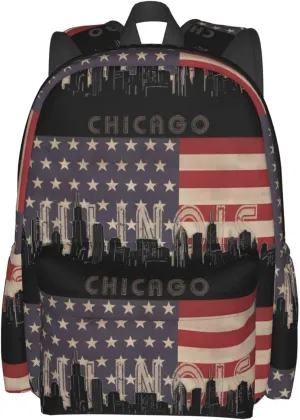 Chicago Illinois Skyline Flag Casual Backpack Large Capacity Travel Backpacks Laptop Daypack Commuter Rucksack Adjustable Strap Sports Bags for Hiking Biking