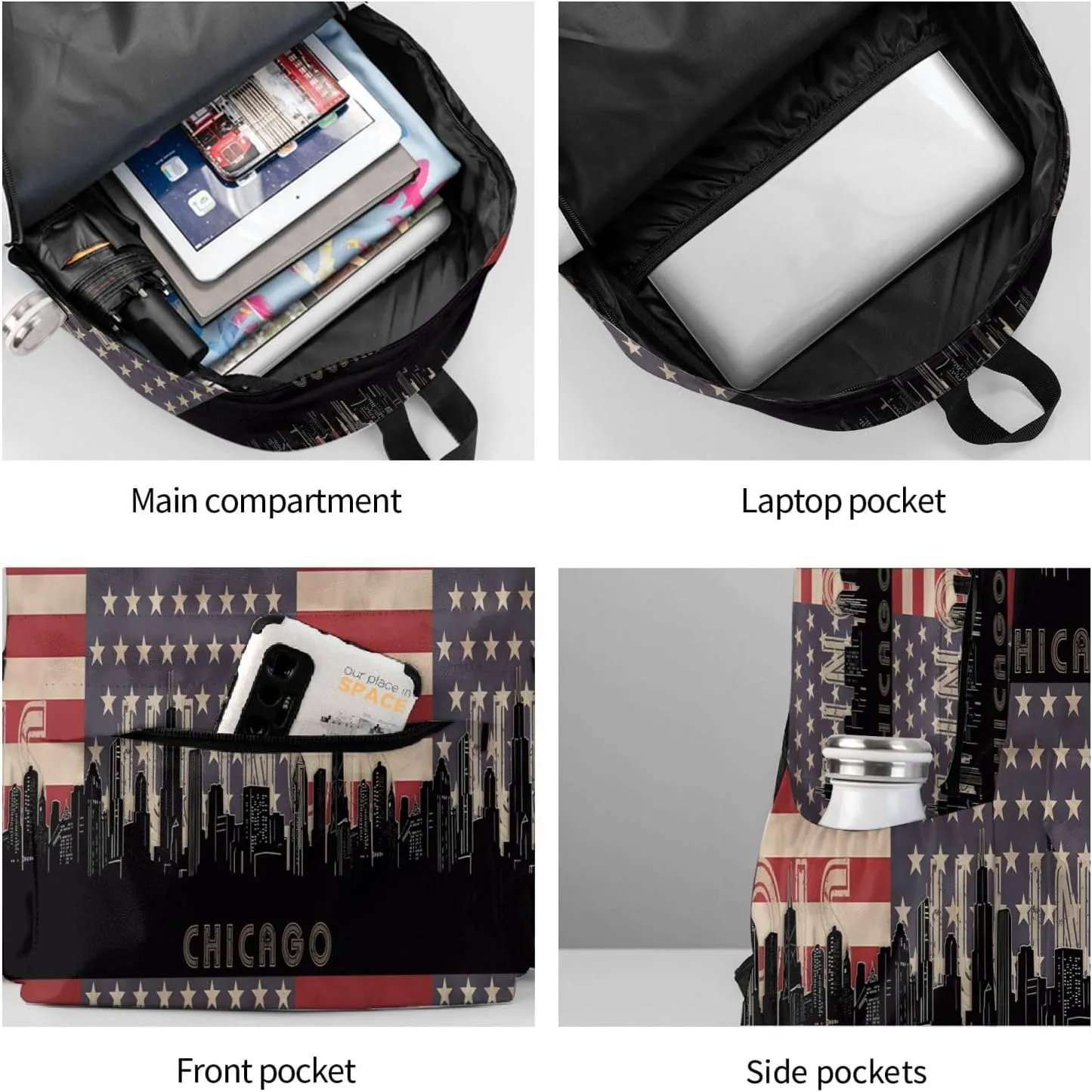 Chicago Illinois Skyline Flag Casual Backpack Large Capacity Travel Backpacks Laptop Daypack Commuter Rucksack Adjustable Strap Sports Bags for Hiking Biking