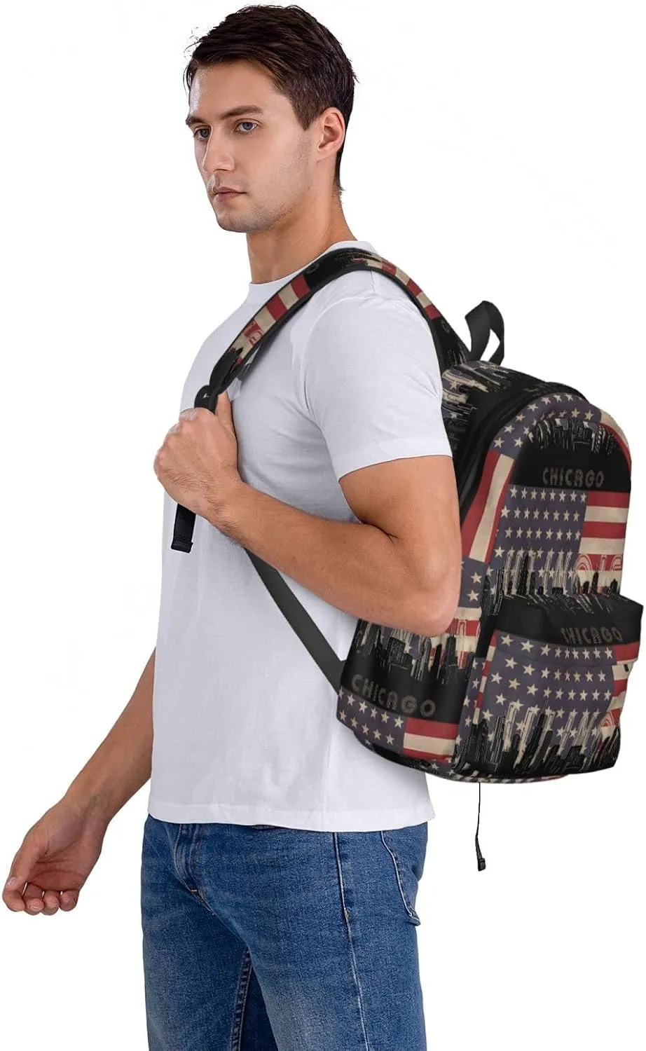 Chicago Illinois Skyline Flag Casual Backpack Large Capacity Travel Backpacks Laptop Daypack Commuter Rucksack Adjustable Strap Sports Bags for Hiking Biking