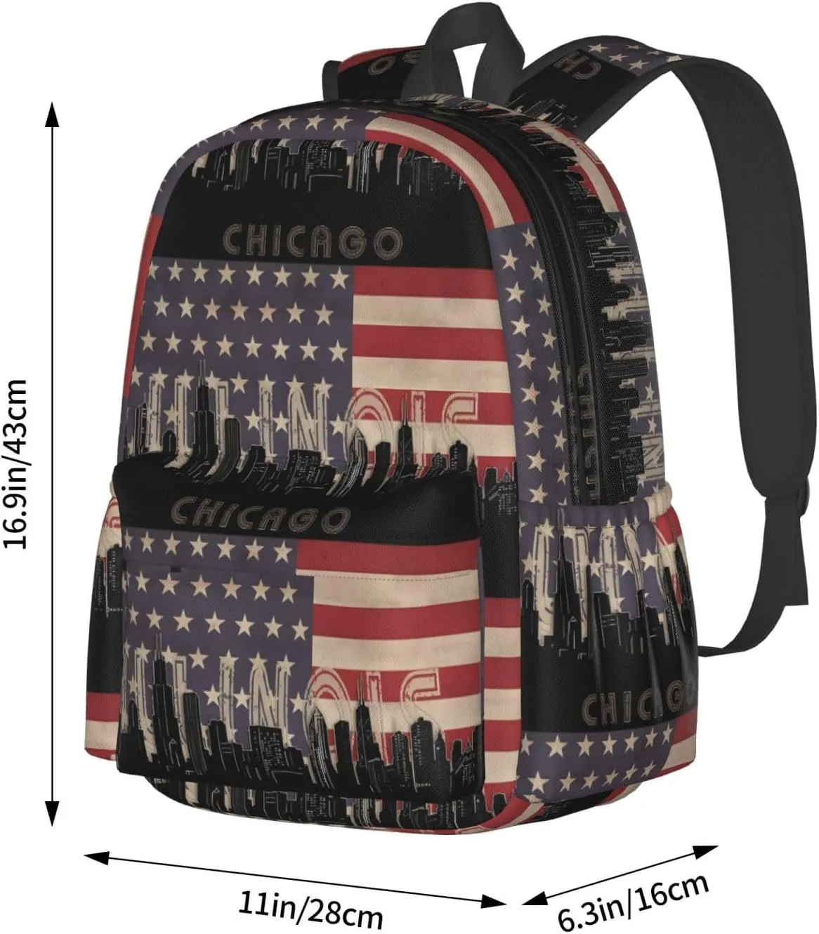 Chicago Illinois Skyline Flag Casual Backpack Large Capacity Travel Backpacks Laptop Daypack Commuter Rucksack Adjustable Strap Sports Bags for Hiking Biking