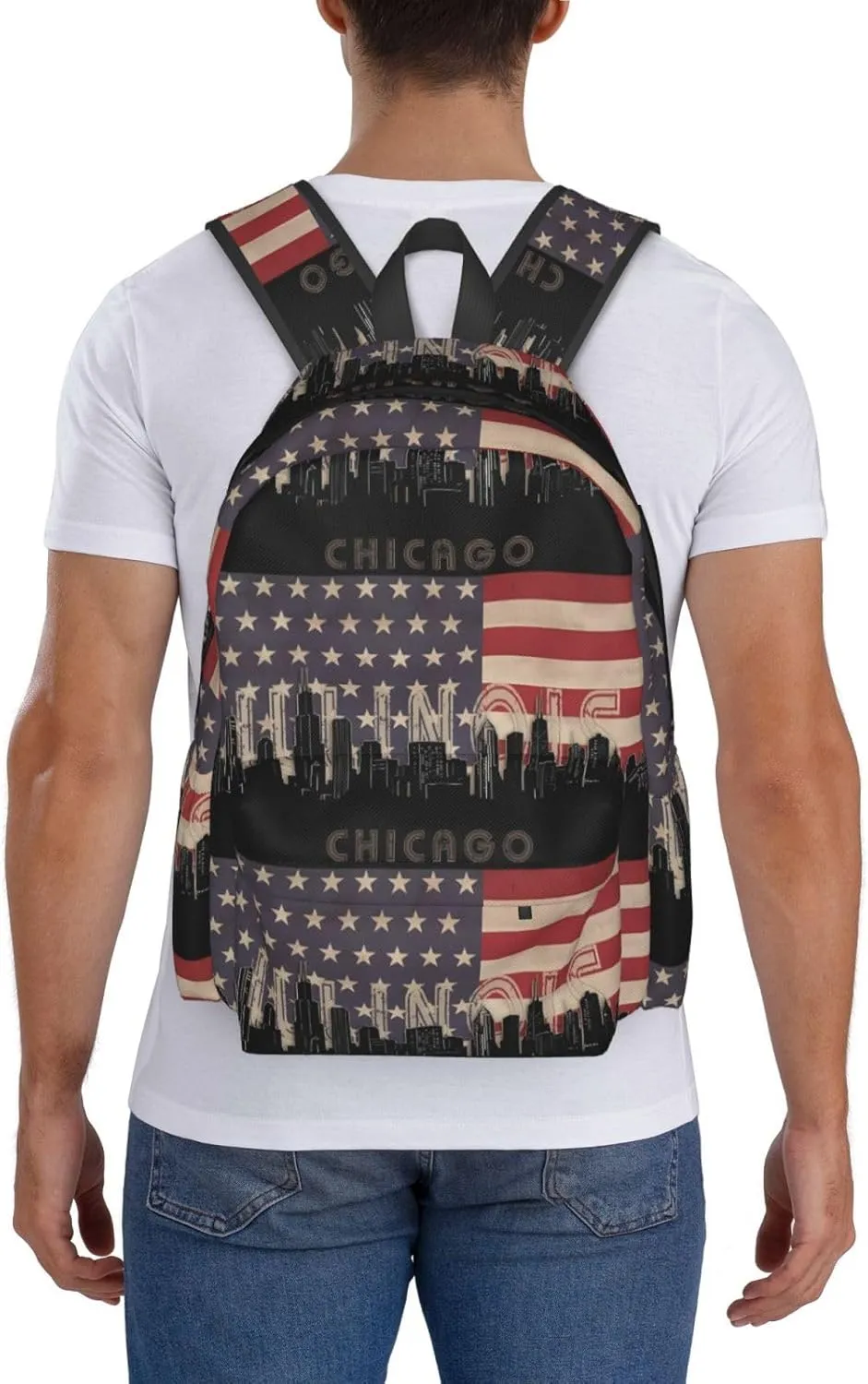 Chicago Illinois Skyline Flag Casual Backpack Large Capacity Travel Backpacks Laptop Daypack Commuter Rucksack Adjustable Strap Sports Bags for Hiking Biking
