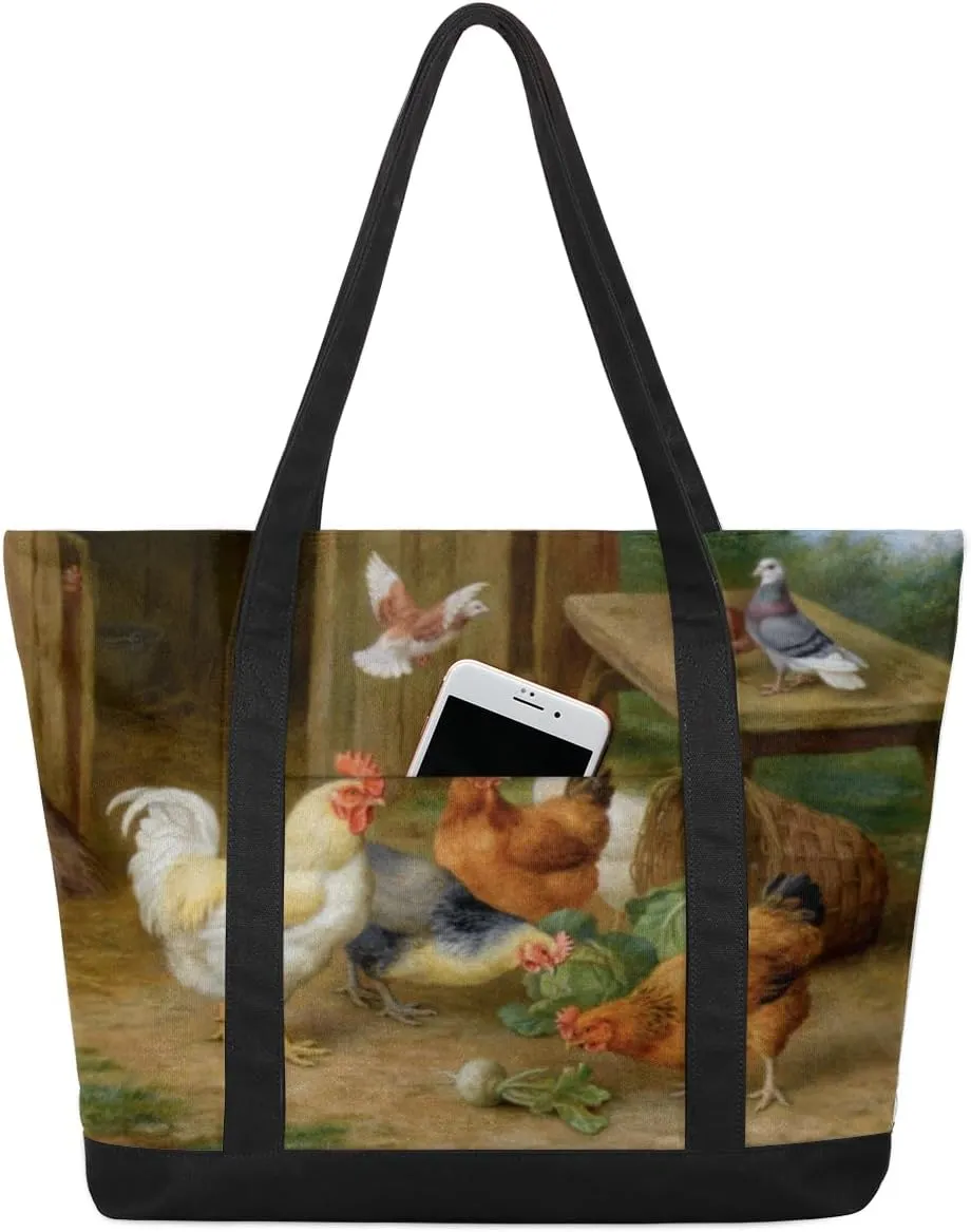 Chicken Pigeon Tote Bag Tote Bag for Women Reusable Grocery Shopping Cloth Bags with Zipper Large Capacity Foldable Handbag Gym Bag for Gift Activity