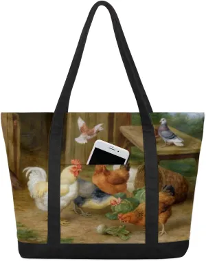 Chicken Pigeon Tote Bag Tote Bag for Women Reusable Grocery Shopping Cloth Bags with Zipper Large Capacity Foldable Handbag Gym Bag for Gift Activity