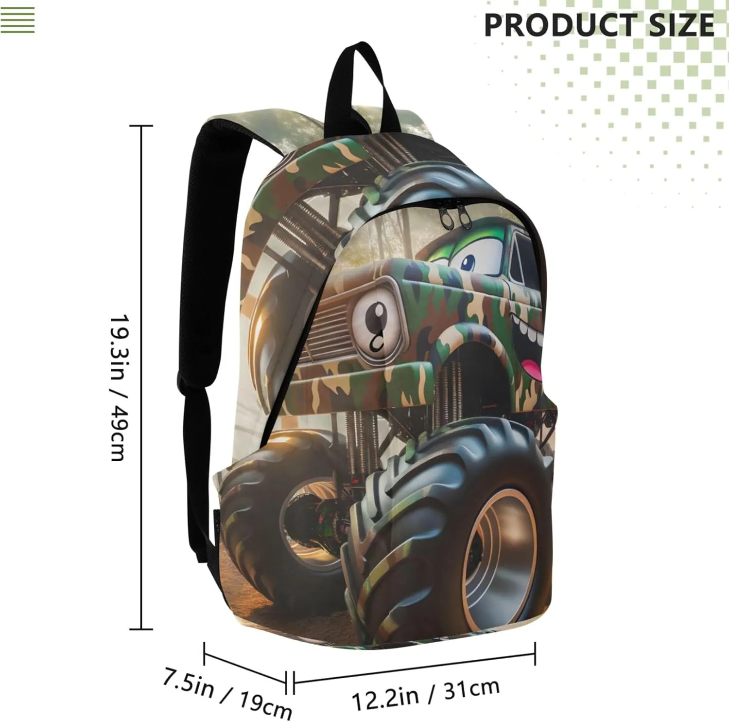 CHIFIGNO Bright Cute Backpacks for Woman Daypack Cartoon Camo Monster Trucks Daypack School Backpack for Teens