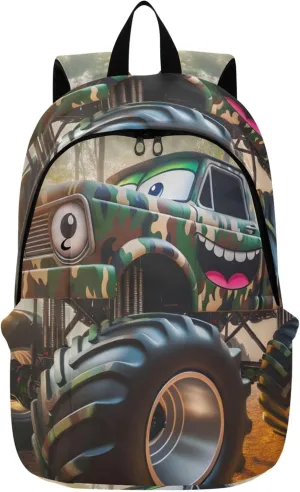 CHIFIGNO Bright Cute Backpacks for Woman Daypack Cartoon Camo Monster Trucks Daypack School Backpack for Teens