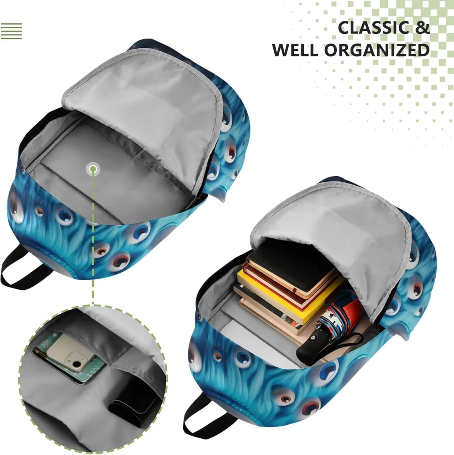 CHIFIGNO Cute Woman Casual Daypack Backpacks Blue Funny Monster Medium Gifts College Cool Backpack