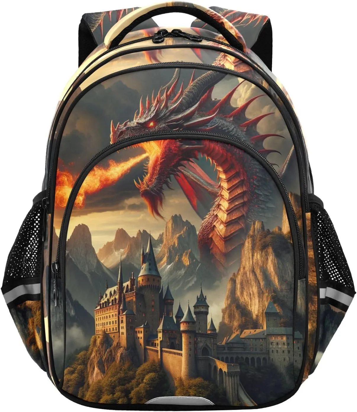 CHIFIGNO Dragon and Castle School Backpack Travel Book Bag Girls Boys with Reflective Stripes Lightweight Backpacks for Teens