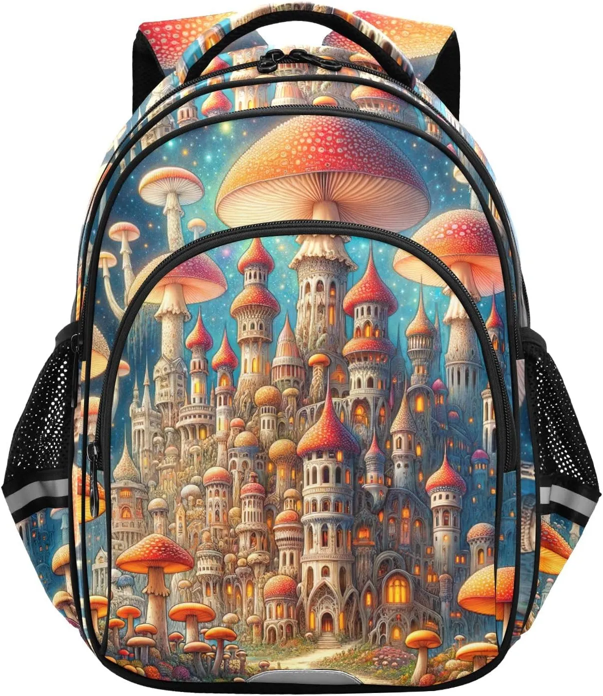 CHIFIGNO Kids Backpack Boys Girls Bookbag Child Backpack School Bags with Reflective Stripes, Fantastic Mushrooms Castles