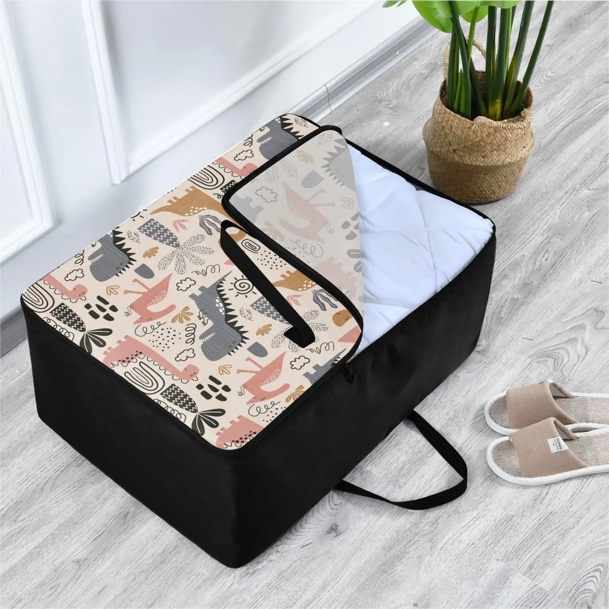 Childish Dino Pattern Storage Bags, 27.5x19.7x11 In, Reusable and Sustainable Space Saving Packing Totes for Moving Supplies Storage