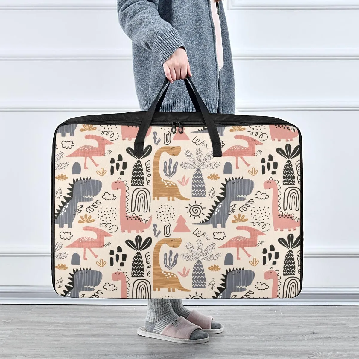 Childish Dino Pattern Storage Bags, 27.5x19.7x11 In, Reusable and Sustainable Space Saving Packing Totes for Moving Supplies Storage