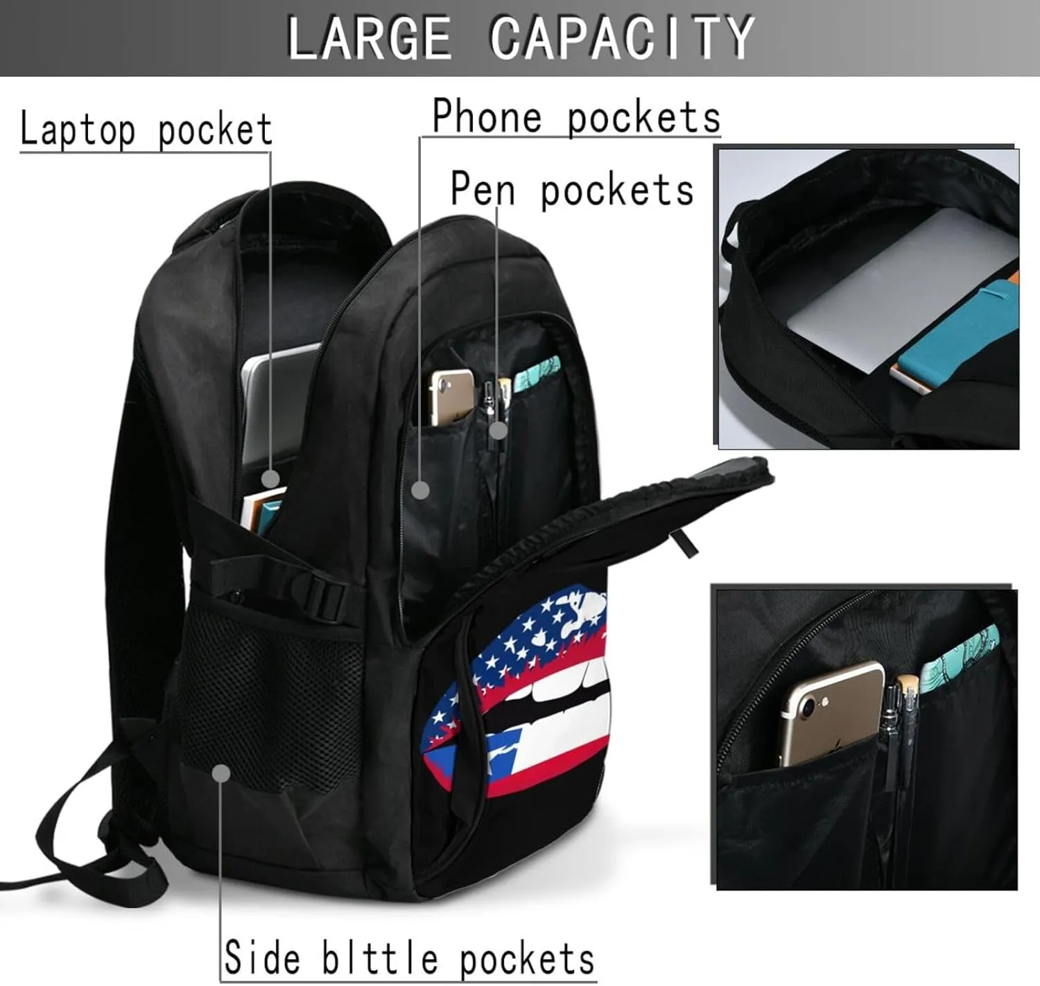 Chile Chilean American Flag Lips Business Laptop Backpack Travel Backpacks Outdoor Rucksack Large Bag Daypack with USB Charging Port Multi-Pocket for Hiking Camping