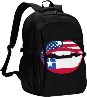 Chile Chilean American Flag Lips Business Laptop Backpack Travel Backpacks Outdoor Rucksack Large Bag Daypack with USB Charging Port Multi-Pocket for Hiking Camping