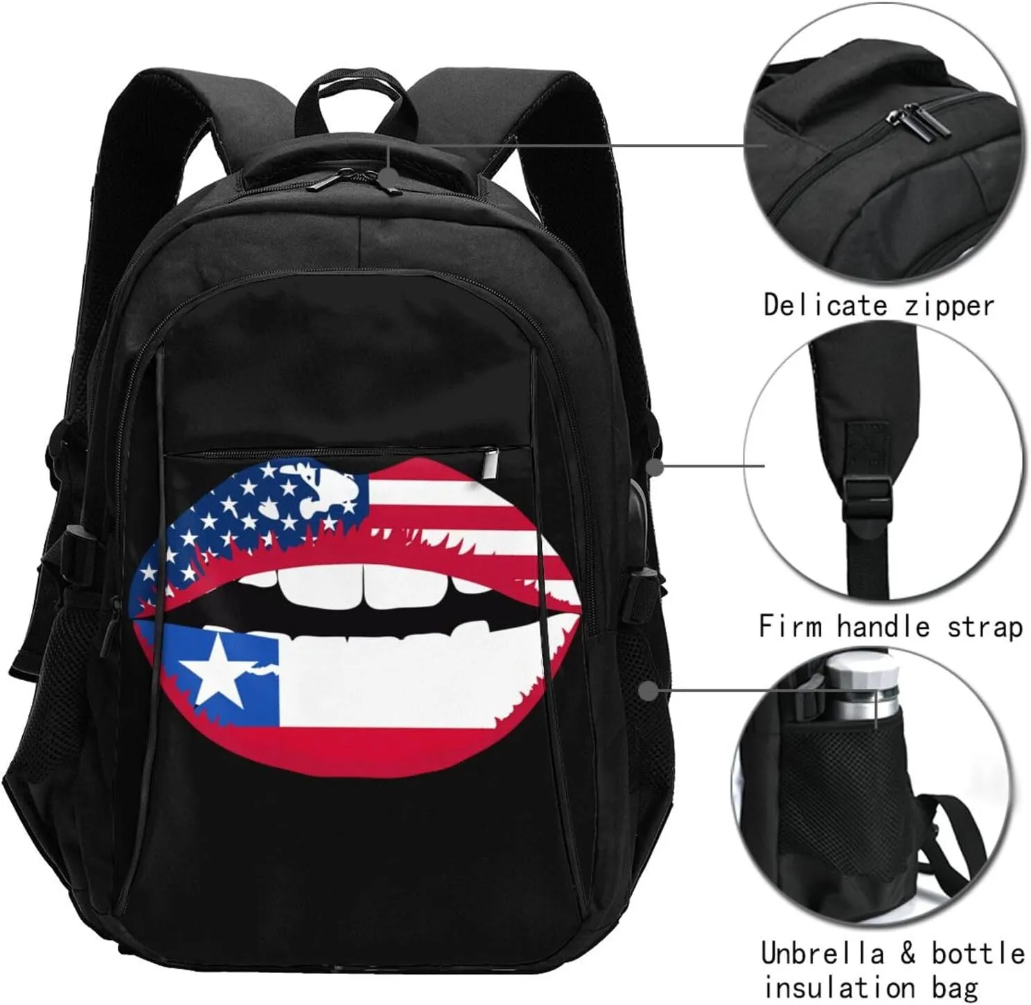 Chile Chilean American Flag Lips Business Laptop Backpack Travel Backpacks Outdoor Rucksack Large Bag Daypack with USB Charging Port Multi-Pocket for Hiking Camping