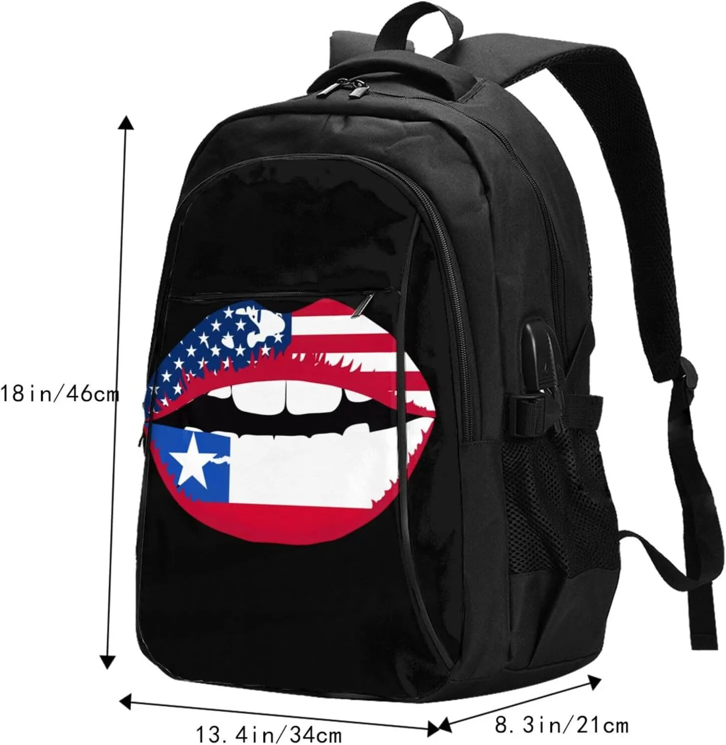 Chile Chilean American Flag Lips Business Laptop Backpack Travel Backpacks Outdoor Rucksack Large Bag Daypack with USB Charging Port Multi-Pocket for Hiking Camping