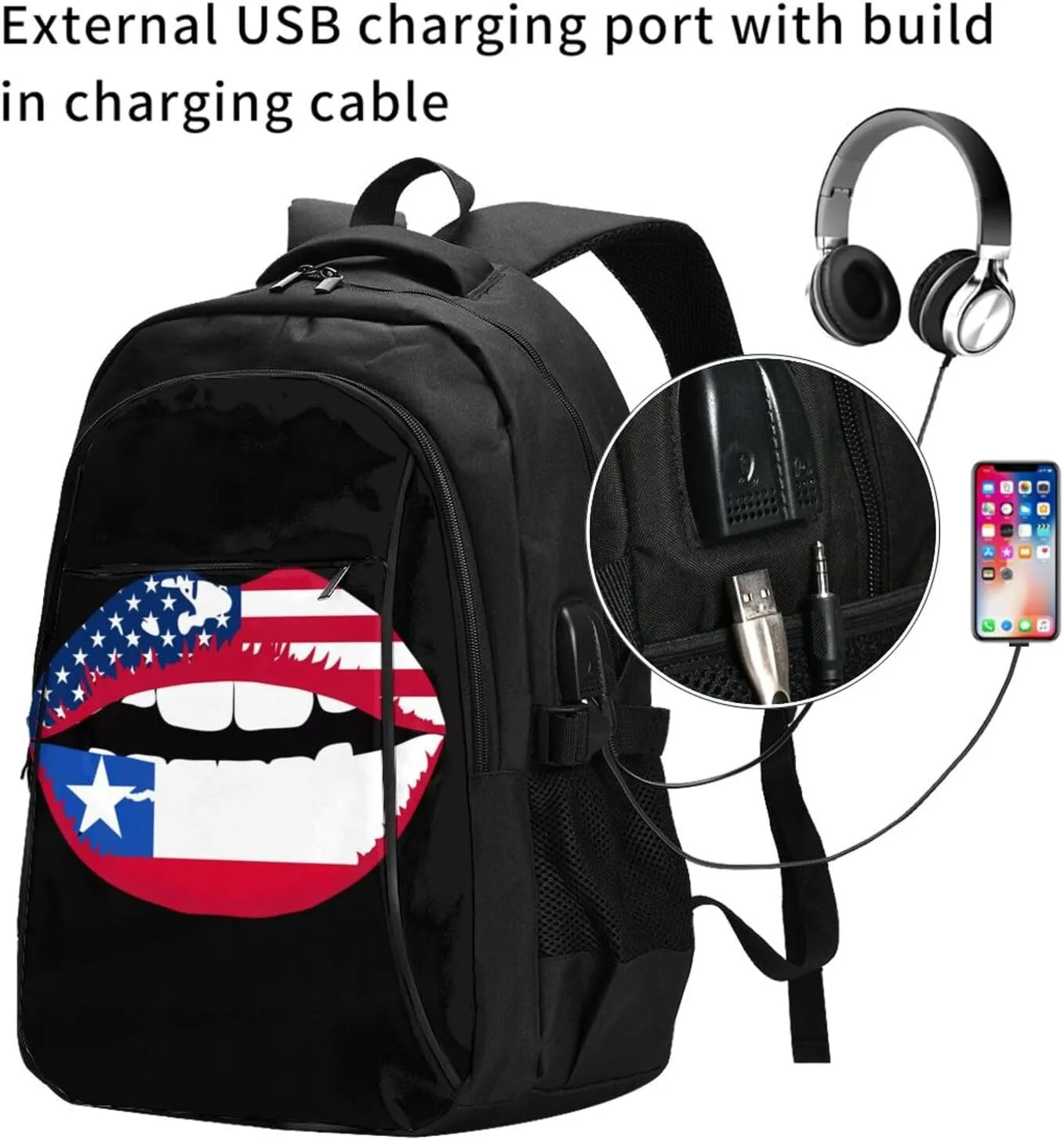 Chile Chilean American Flag Lips Business Laptop Backpack Travel Backpacks Outdoor Rucksack Large Bag Daypack with USB Charging Port Multi-Pocket for Hiking Camping