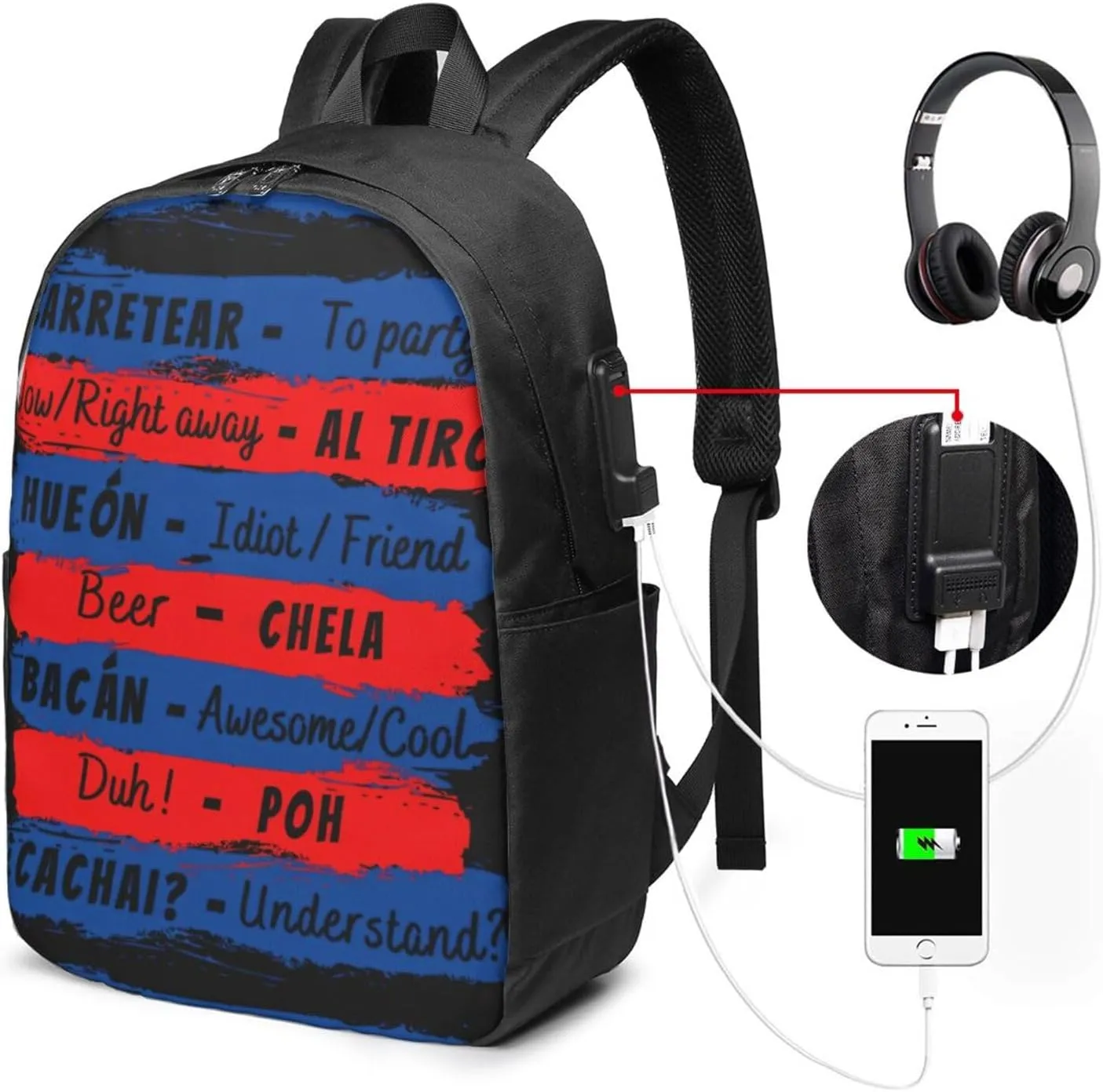 Chile Flag Chilean Slang Laptop Backpacks Travel Backpack Casual Business Daypack Sport Rucksack Computer Bag Fits up to 17 Inch Notebook with USB Port