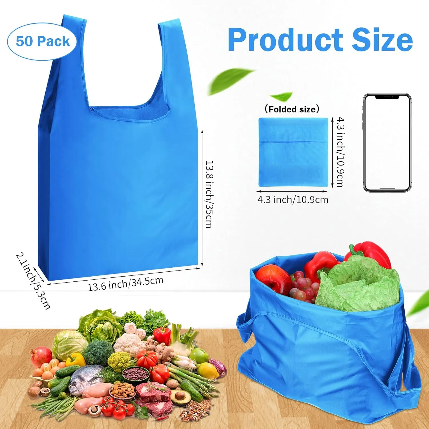 Chumia 50 Pack Reusable Grocery Bags Foldable Portable Shopping Bags Polyester Washable Grocery Bag with Handles (Sky Blue)