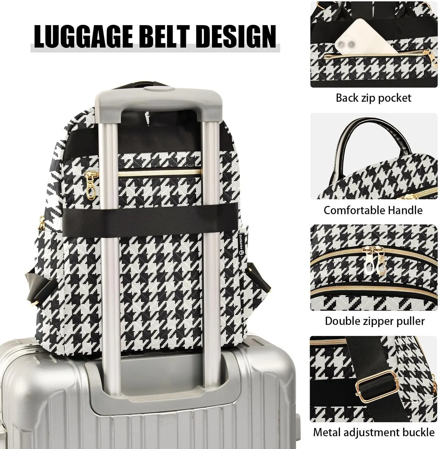 Classic Houndstooth Backpack Purse for Women Ladies Fashion Travel MiniShoulder Bags with Zipper Weekend Bag,S