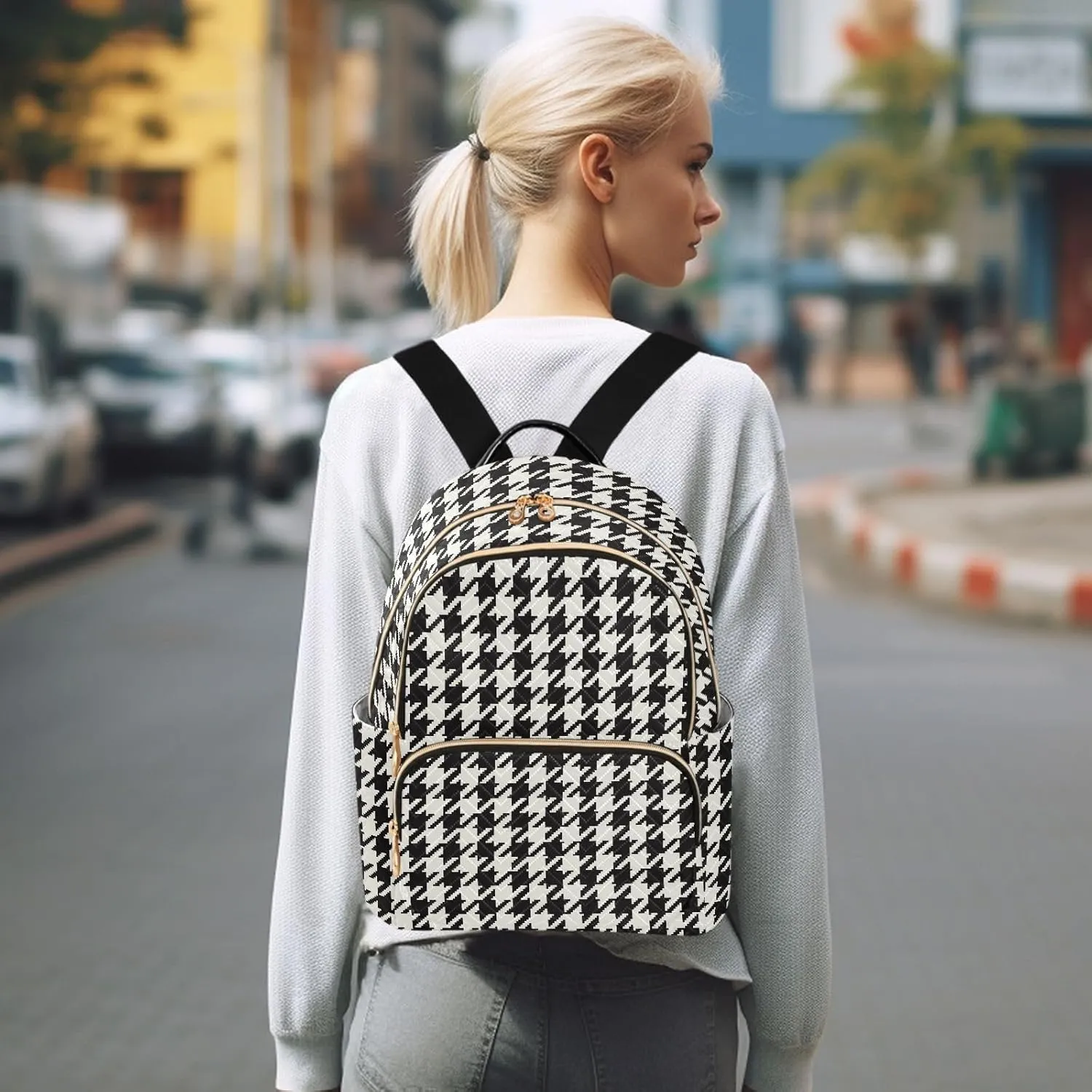 Classic Houndstooth Backpack Purse for Women Ladies Fashion Travel MiniShoulder Bags with Zipper Weekend Bag,S