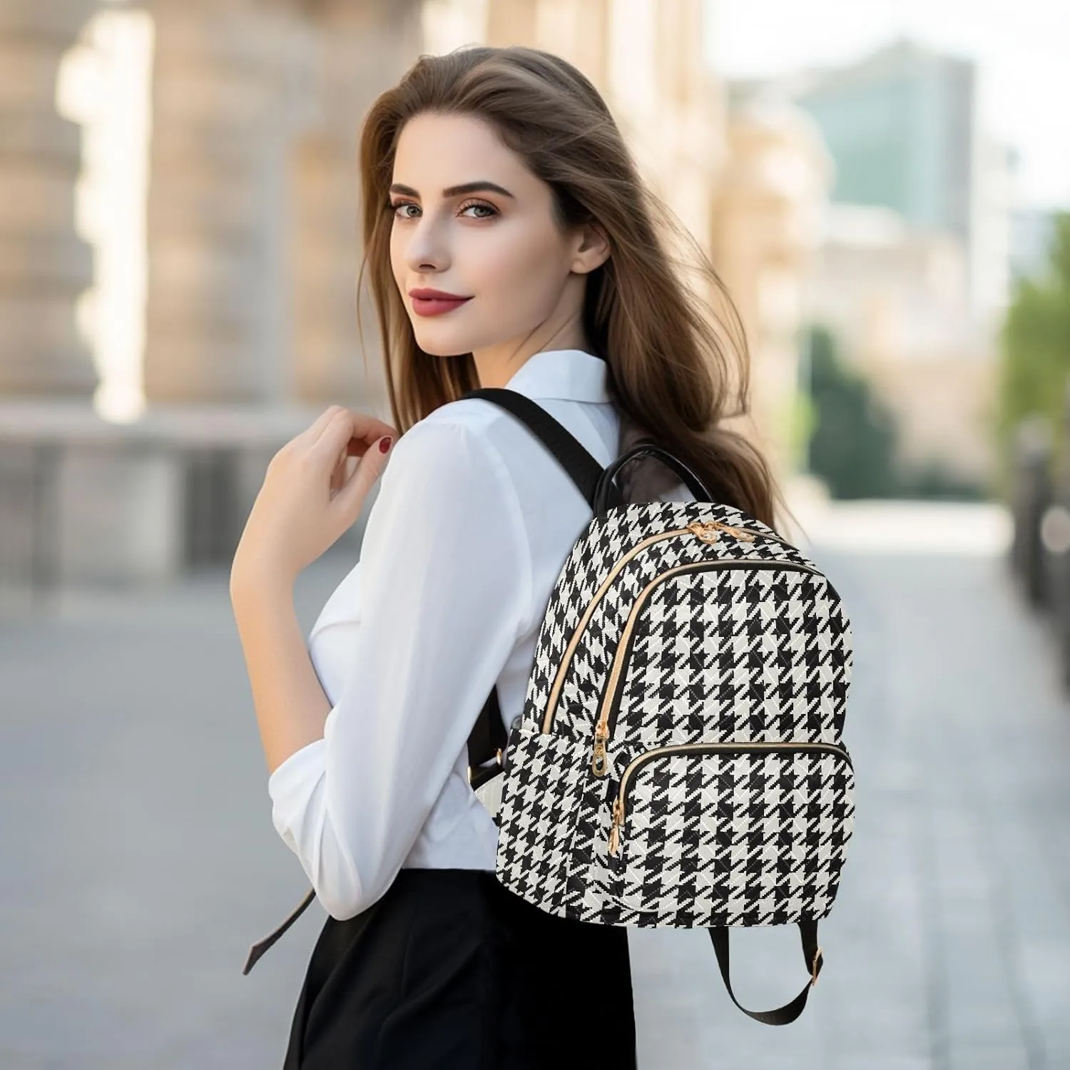 Classic Houndstooth Backpack Purse for Women Ladies Fashion Travel MiniShoulder Bags with Zipper Weekend Bag,S