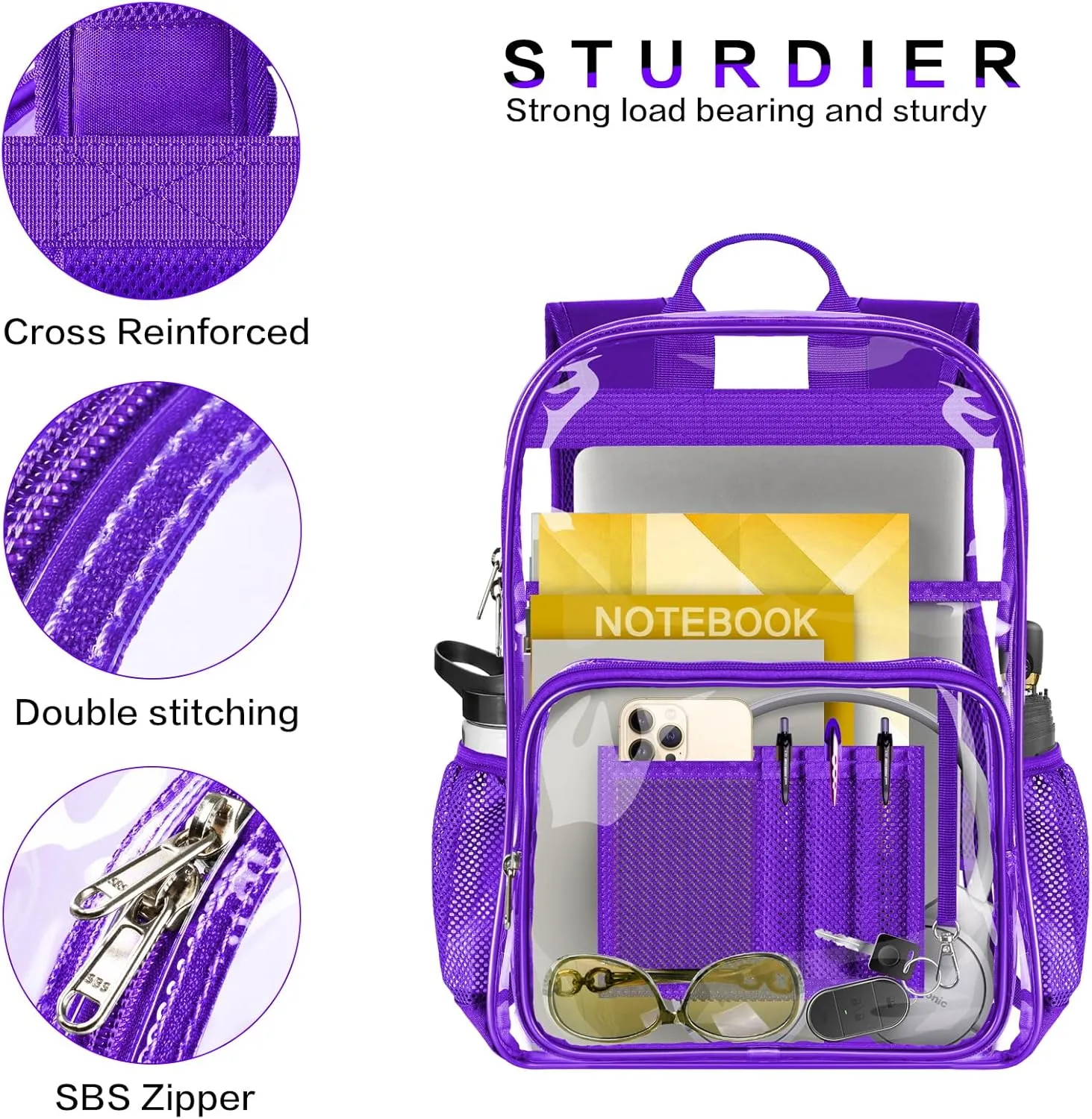 Clear Backpack Heavy Duty Large Transparent Backpack with Reinforced Bottom for College, Travel, Workplace Security - Purple