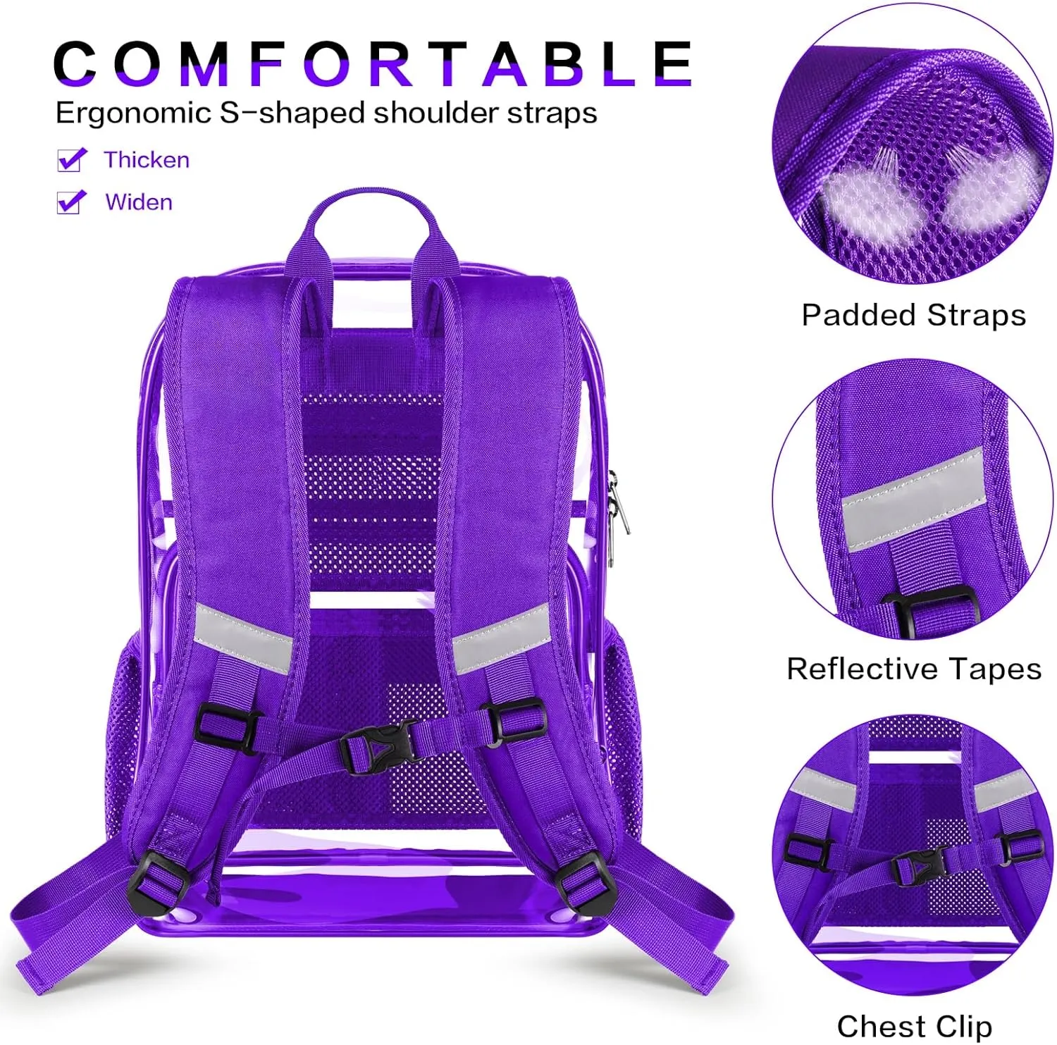 Clear Backpack Heavy Duty Large Transparent Backpack with Reinforced Bottom for College, Travel, Workplace Security - Purple