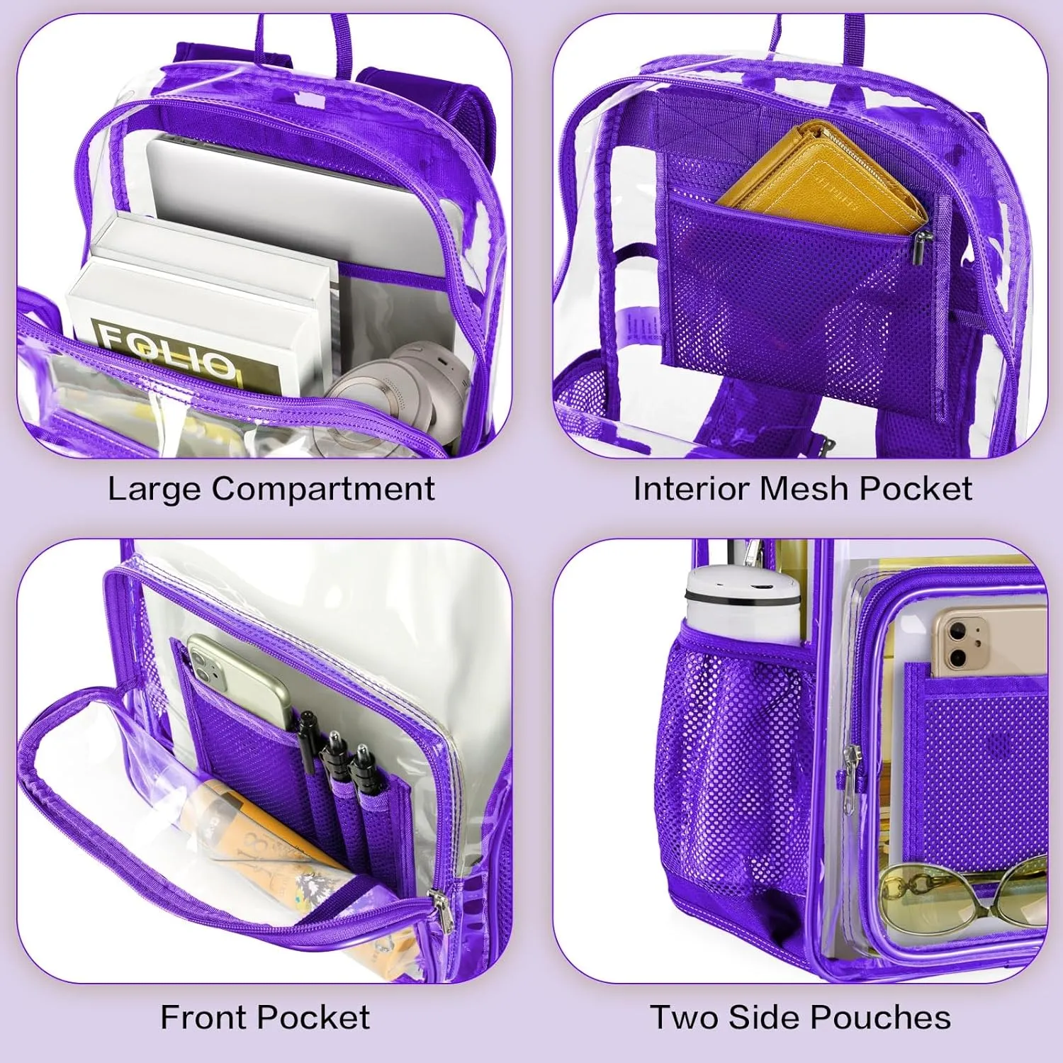 Clear Backpack Heavy Duty Large Transparent Backpack with Reinforced Bottom for College, Travel, Workplace Security - Purple