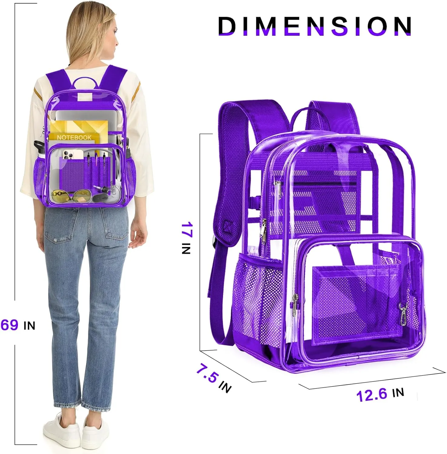 Clear Backpack Heavy Duty Large Transparent Backpack with Reinforced Bottom for College, Travel, Workplace Security - Purple