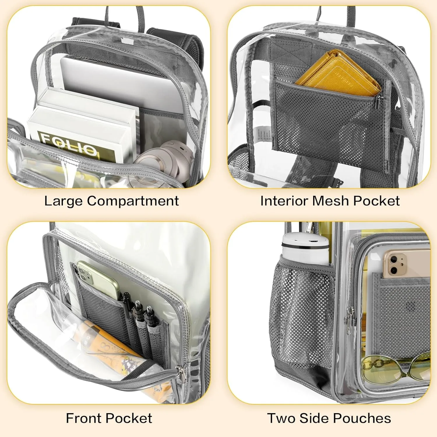 Clear Backpack Heavy Duty Large Transparent Backpack with Reinforced Bottom Multi-pockets for College, Travel, Workplace Security - Gray