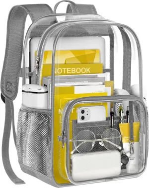Clear Backpack Heavy Duty Large Transparent Backpack with Reinforced Bottom Multi-pockets for College, Travel, Workplace Security - Gray