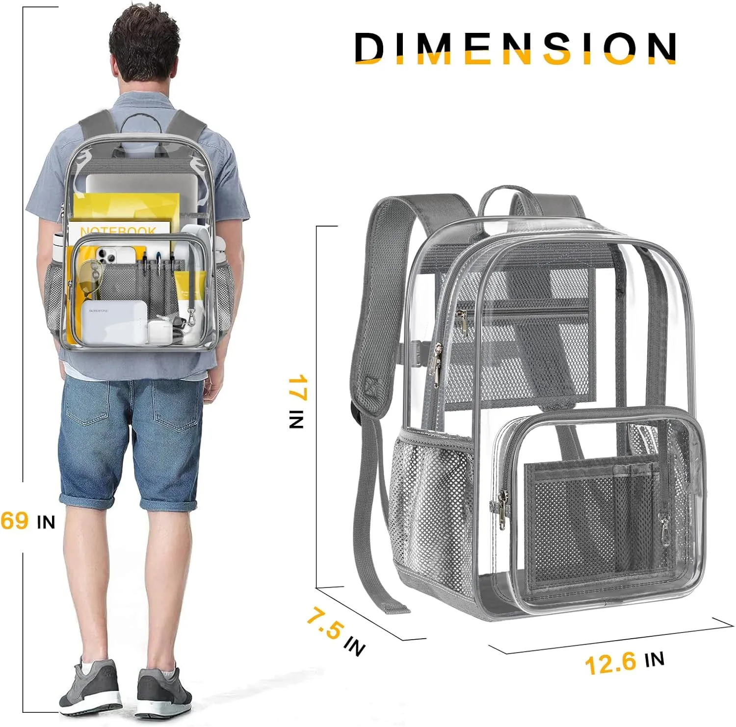 Clear Backpack Heavy Duty Large Transparent Backpack with Reinforced Bottom Multi-pockets for College, Travel, Workplace Security - Gray
