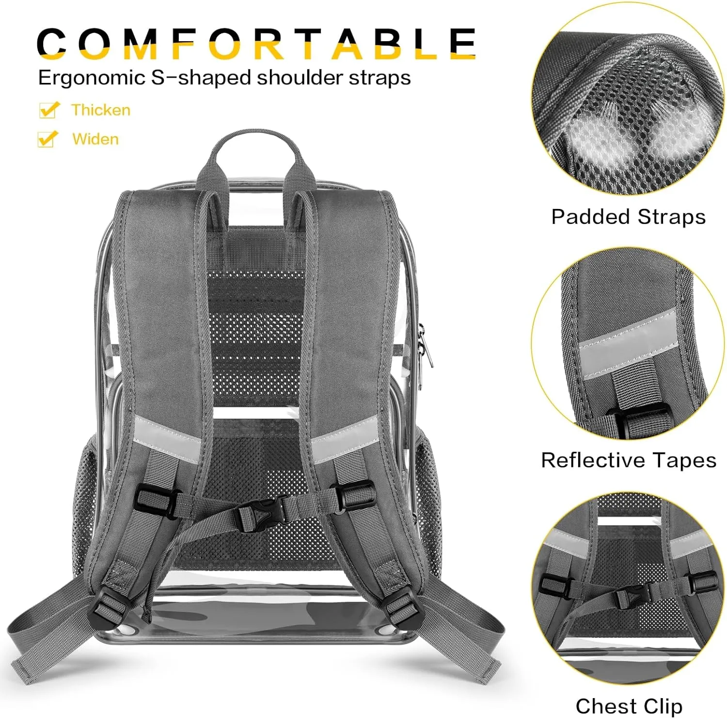 Clear Backpack Heavy Duty Large Transparent Backpack with Reinforced Bottom Multi-pockets for College, Travel, Workplace Security - Gray