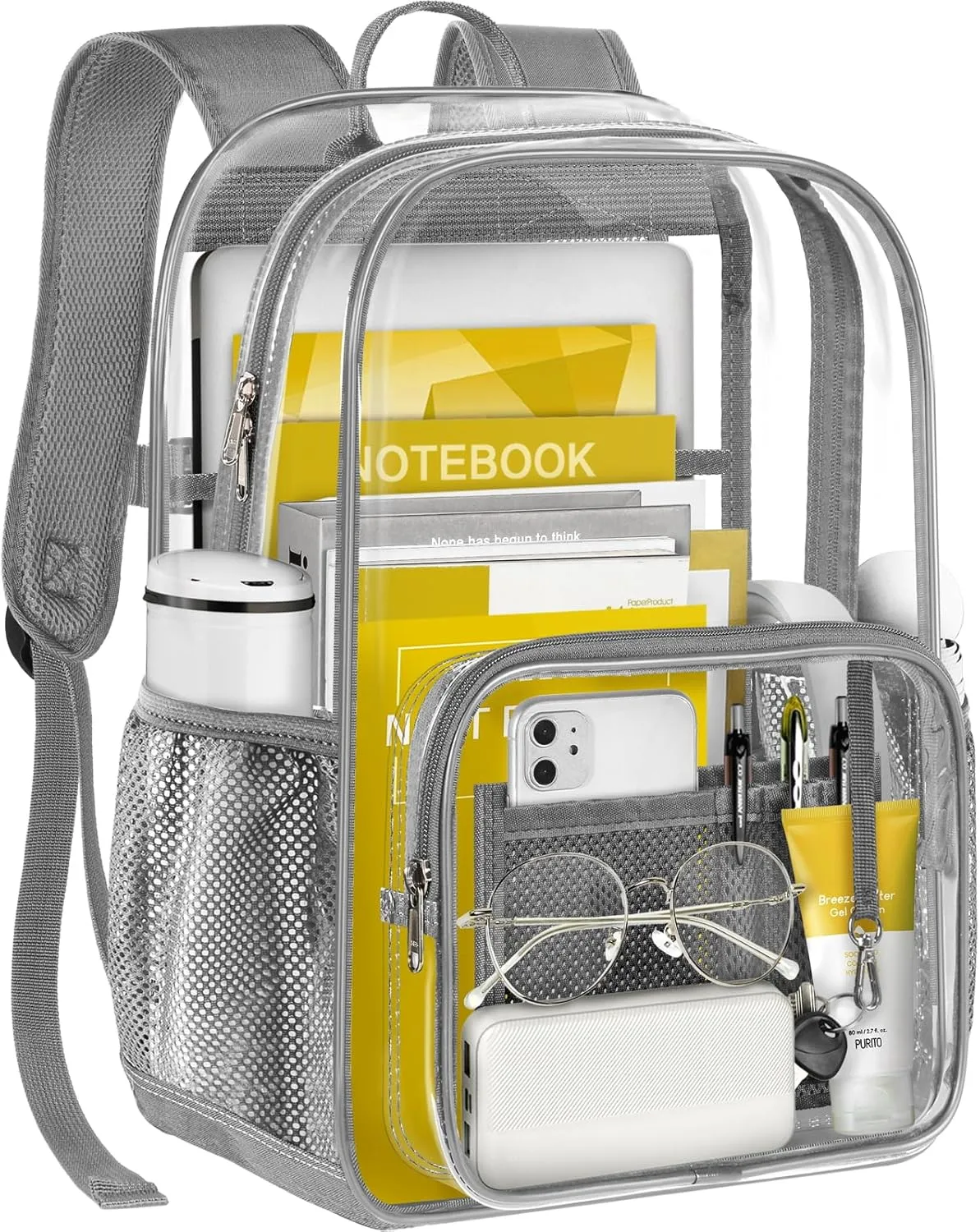 Clear Backpack Heavy Duty Large Transparent Backpack with Reinforced Bottom Multi-pockets for College, Travel, Workplace Security - Gray