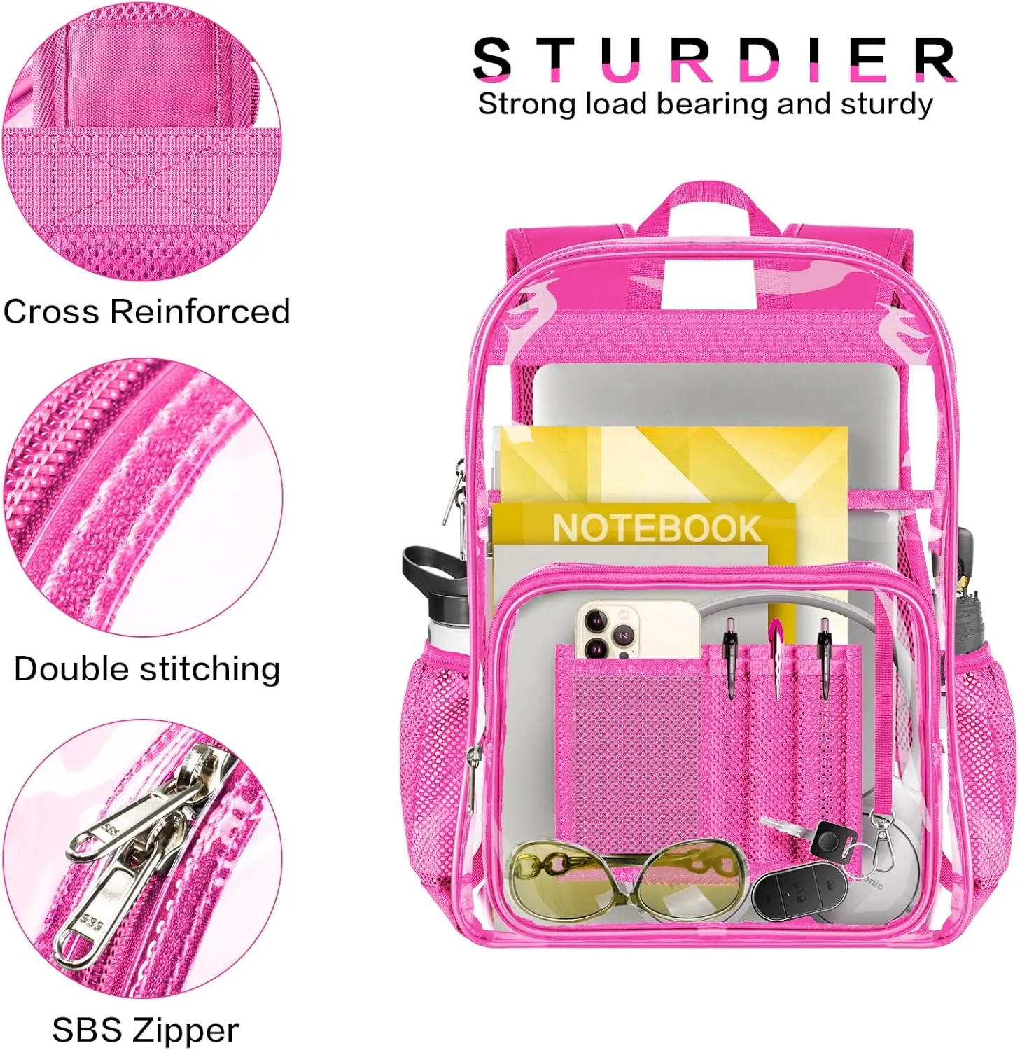 Clear Backpack Heavy Duty Large Transparent Backpack with Reinforced Bottom Multi-pockets for College, Travel, Workplace Security - Pink