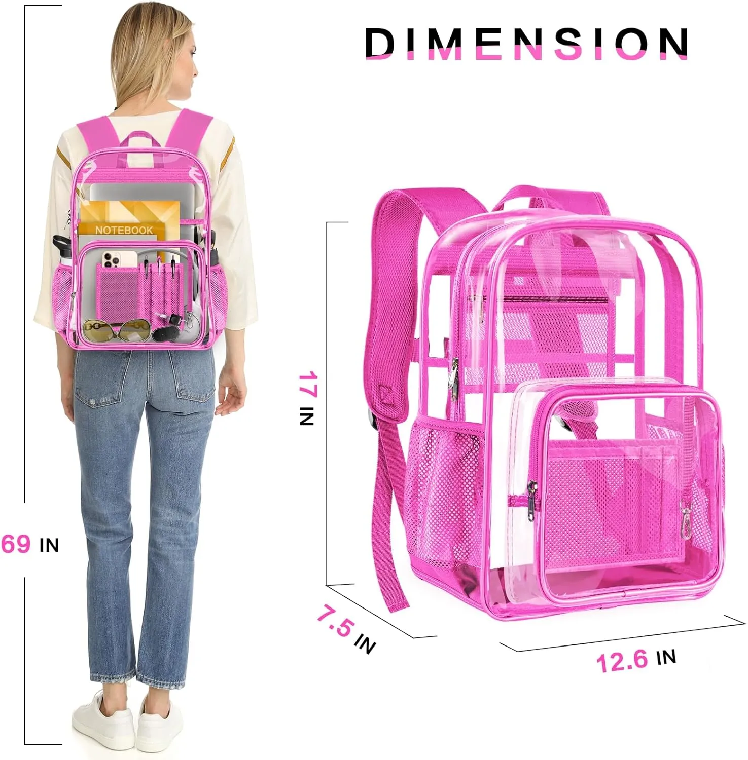 Clear Backpack Heavy Duty Large Transparent Backpack with Reinforced Bottom Multi-pockets for College, Travel, Workplace Security - Pink