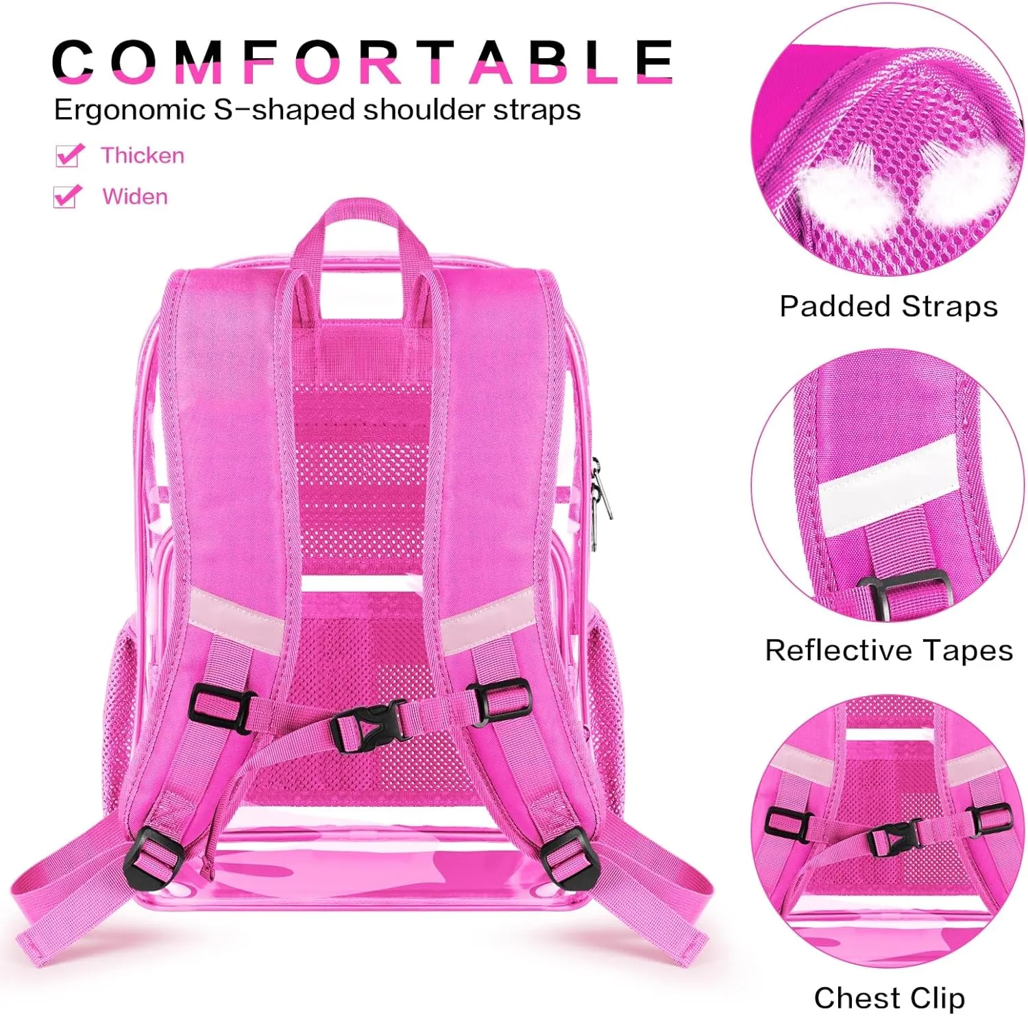 Clear Backpack Heavy Duty Large Transparent Backpack with Reinforced Bottom Multi-pockets for College, Travel, Workplace Security - Pink